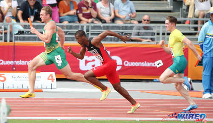 Photo: Trinidad and Tobago sprinter Nathan Farinha (centre) gets going a tad early during the 4x100m relay in the Gold Coast 2018 Commonwealth Games. (Copyright Allan V Crane/CA-Images/Wired868) Photo: Trinidad and Tobago sprinter Nathan Farinha (centre) gets going a tad early during the 4x100m relay in the Gold Coast 2018 Commonwealth Games. (Copyright Allan V Crane/CA-Images/Wired868)