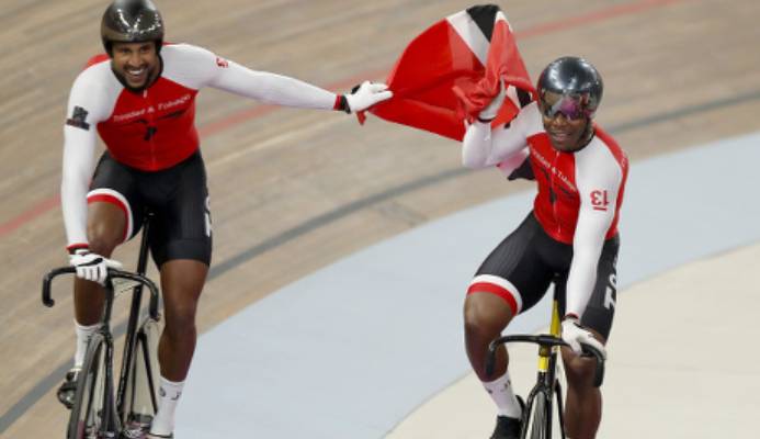 Photo: Trinidad and Tobago cyclists Njisane Phillip (left) and Nicholas Paul celebrate after helping Team TTO cop gold in the Men’s Team Sprint final at the Pan American Games in Lima, Peru on 1 August 2019. (Copyright AP Photo/Fernando Llano/Wired868) Photo: Trinidad and Tobago cyclists Njisane Phillip (left) and Nicholas Paul celebrate after helping Team TTO cop gold in the Men’s Team Sprint final at the Pan American Games in Lima, Peru on 1 August 2019. (Copyright AP Photo/Fernando Llano/Wired868)