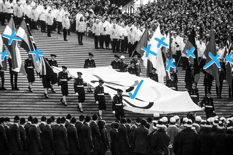 Presentation of Olympic flag during the opening ceremony of the 1968 Winter Olympics on Feb. 6, 1968, in Grenoble, France. Phot illustration by Slate. Photo by Robert Riger/Getty Images. Presentation of Olympic flag during the opening ceremony of the 1968 Winter Olympics on Feb. 6, 1968, in Grenoble, France. Phot illustration by Slate. Photo by Robert Riger/Getty Images.