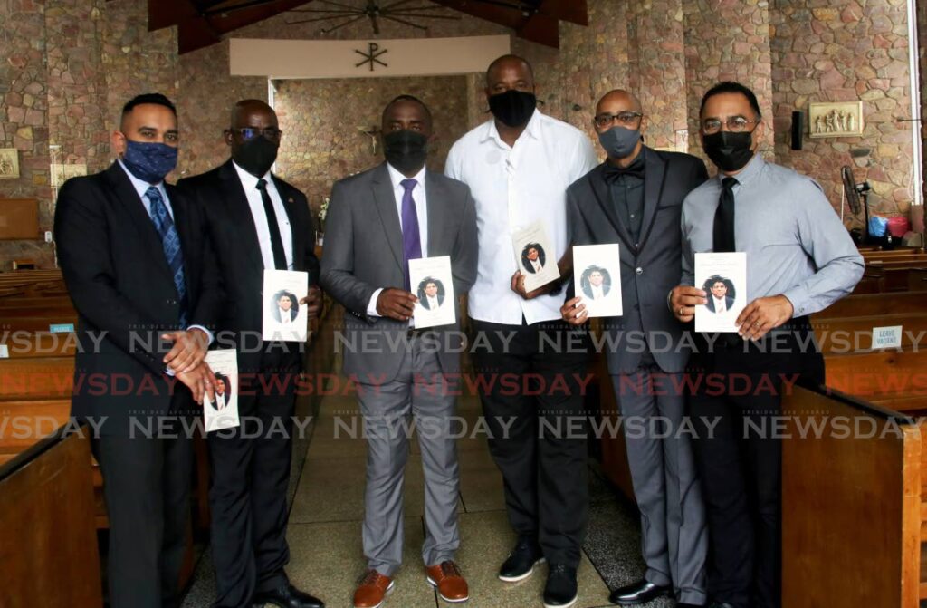 From left, TT Football Association media officer Shaun Fuentes, former Strike Squad captain Clayton Morris, Soca Warriors head coach Angus Eve, former TT goalkeeper Clayton Ince, football administrator Richard Piper and former presenter Roger Sant are seen at the funeral for the late sports broadcaster Anthony Harford, at the Church of the Assumption, Maraval, on Monday. - SUREASH CHOLAI From left, TT Football Association media officer Shaun Fuentes, former Strike Squad captain Clayton Morris, Soca Warriors head coach Angus Eve, former TT goalkeeper Clayton Ince, football administrator Richard Piper and former presenter Roger Sant are seen at the funeral for the late sports broadcaster Anthony Harford, at the Church of the Assumption, Maraval, on Monday. - SUREASH CHOLAI