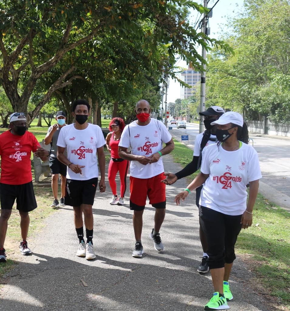All masked TTOC walkers Anton Lafond, from left, TTOC president Brian Lewis, outgoing THA Secretary of Sport and Youth Affairs  Jomo Pitt, former Strike Squad captain and current TT Super League President Clayton Morris and Advisor to THA Secretary of Sport and Youth Affairs  Biana Edwards at the Queen's Park Savannah in Port-of-Spain during  Sunday's 26.2 mile TTOC Marathon Walk. Melanie Gulston/Team TTO Media All masked TTOC walkers Anton Lafond, from left, TTOC president Brian Lewis, outgoing THA Secretary of Sport and Youth Affairs  Jomo Pitt, former Strike Squad captain and current TT Super League President Clayton Morris and Advisor to THA Secretary of Sport and Youth Affairs  Biana Edwards at the Queen's Park Savannah in Port-of-Spain during  Sunday's 26.2 mile TTOC Marathon Walk. Melanie Gulston/Team TTO Media