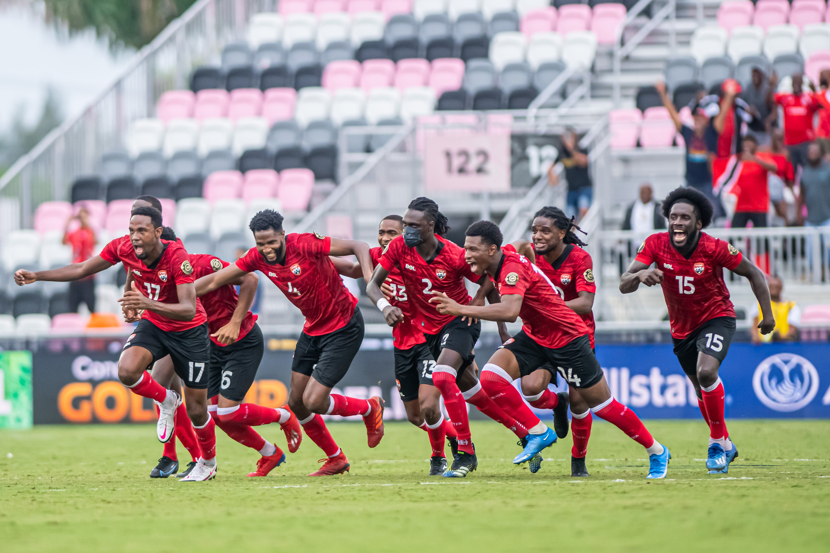 Photo: Trinidad and Tobago players celebrate after defeating in a dramatic 8-7 penalty shootout to French Guiana following a 1-1 draw in the Second Round of the 2021 Gold Cup Prelims on July 6 2021, at DRV PNK Stadium in Fort Lauderdale, Florida. Photo: Trinidad and Tobago players celebrate after defeating in a dramatic 8-7 penalty shootout to French Guiana following a 1-1 draw in the Second Round of the 2021 Gold Cup Prelims on July 6 2021, at DRV PNK Stadium in Fort Lauderdale, Florida.