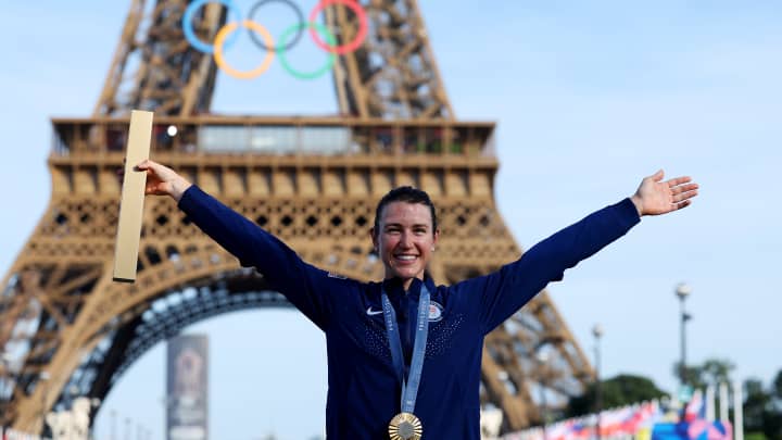 Gold medalist Kristen Faulkner of Team United States poses on the podium during the Women's Road Race on day nine of the Olympic Games Paris 2024 at Trocadero on August 04, 2024 in Paris, France. Tim De Waele | Getty Images Sport | Getty Images (Image obtained at cnbc.com) Gold medalist Kristen Faulkner of Team United States poses on the podium during the Women's Road Race on day nine of the Olympic Games Paris 2024 at Trocadero on August 04, 2024 in Paris, France. Tim De Waele | Getty Images Sport | Getty Images (Image obtained at cnbc.com)
