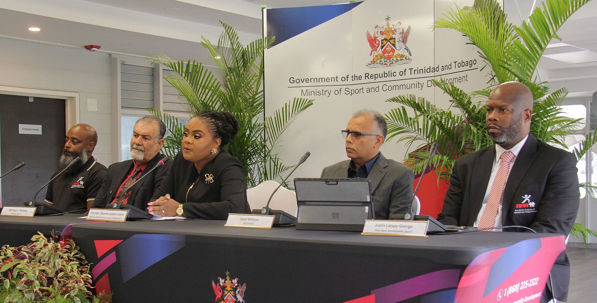 Head of Elite Performance & Wellbeing, SportTT, Tobias Ottley, from left, chairman of SportTT Larry Romany, Minister of Sport and Community Development Shamfa Cudjoe-Lewis, CEO-Sport Company Jason Williams and head of Sports Development, SportTT, Justin Latapy-George, during the press conference at the VIP Room of the Hasely Crawford Stadium, Port-of-Spain, yesterday.  VASHTI SINGH (Image obtained at guardian.co.tt) Head of Elite Performance & Wellbeing, SportTT, Tobias Ottley, from left, chairman of SportTT Larry Romany, Minister of Sport and Community Development Shamfa Cudjoe-Lewis, CEO-Sport Company Jason Williams and head of Sports Development, SportTT, Justin Latapy-George, during the press conference at the VIP Room of the Hasely Crawford Stadium, Port-of-Spain, yesterday.  VASHTI SINGH (Image obtained at guardian.co.tt)