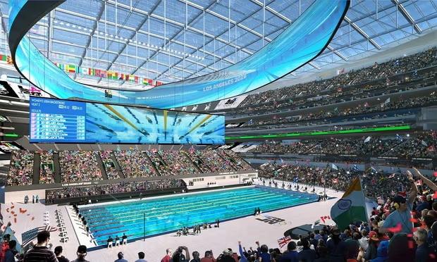 Swimming at the LA 2028 Games will be held at SoFi Stadium in Inglewood, where 38,000 seats will make it the largest swimming venue in Olympic history. Photograph: LA28 (Image obtained at theguardian.com) Swimming at the LA 2028 Games will be held at SoFi Stadium in Inglewood, where 38,000 seats will make it the largest swimming venue in Olympic history. Photograph: LA28 (Image obtained at theguardian.com)