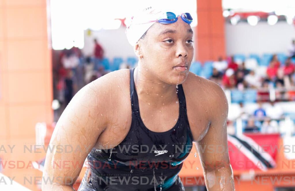 Trinidad and Tobago's Zuri Fergurson exits the pool after competing on Day 1 of the 2025 Carifta Aquatics Championships, on April 19, at the National Aquatic Centre, Couva. - Photo by Grevic Alvarado (Image obtained at newsday.co.tt)
