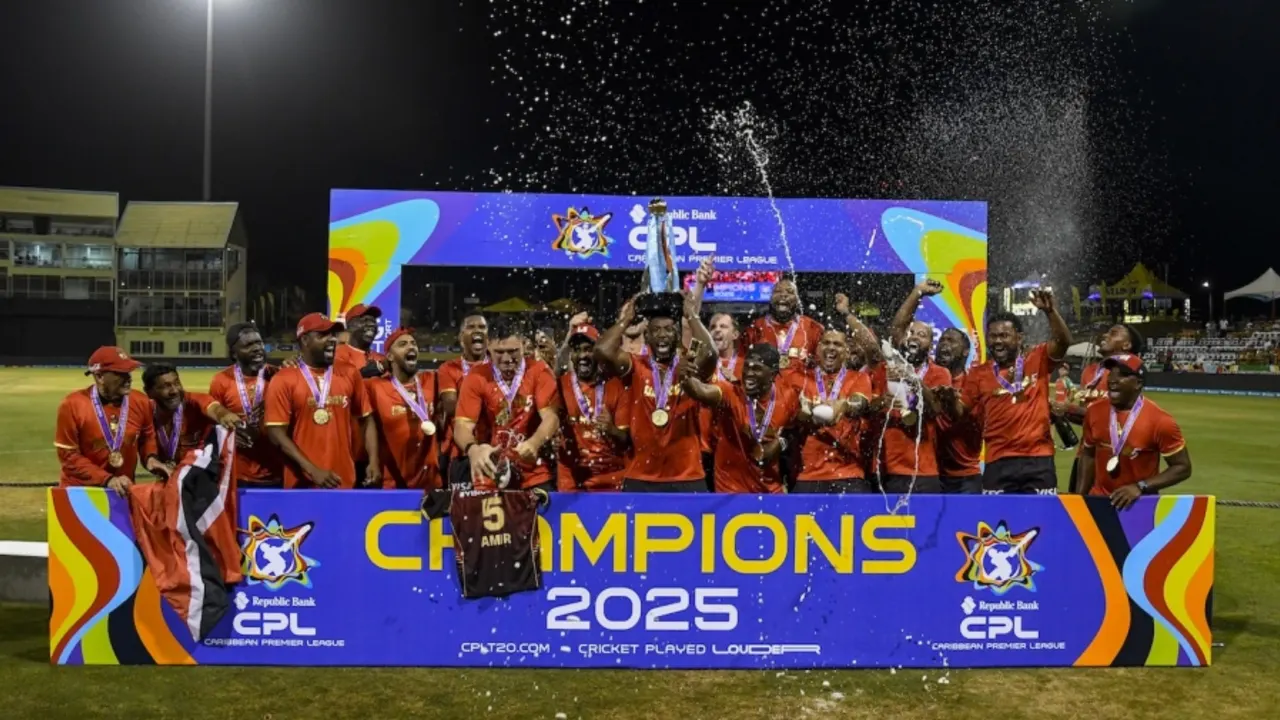 The Trinbago Knight Riders players start the celebrations  •  Randy Brooks/CPL T20/Getty Images (Image obtained at espncricinfo.com) The Trinbago Knight Riders players start the celebrations  •  Randy Brooks/CPL T20/Getty Images (Image obtained at espncricinfo.com)