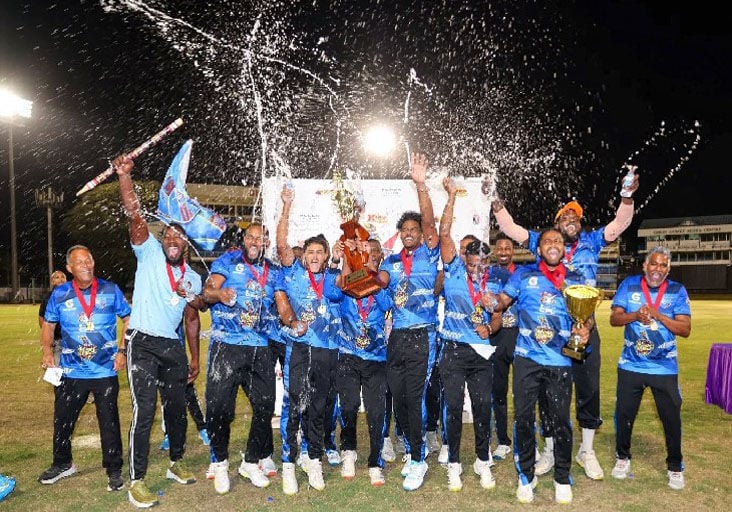 CHAMPS ONCE AGAIN: Queen’s Park Cricket Club players and management staff celebrate with the Premiership 1 T20 trophy after defeating Clarke Road United in the final of the CPL/TKR T20 Festival, at the Queen’s Park Oval in Port of Spain, on Saturday night. —Photo courtesy Red Force Cricket Facebook Page (Image obtained at trinidadexpress.com) CHAMPS ONCE AGAIN: Queen’s Park Cricket Club players and management staff celebrate with the Premiership 1 T20 trophy after defeating Clarke Road United in the final of the CPL/TKR T20 Festival, at the Queen’s Park Oval in Port of Spain, on Saturday night. —Photo courtesy Red Force Cricket Facebook Page (Image obtained at trinidadexpress.com)