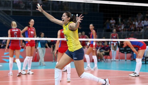 Brazil celebrate knocking favourites Russia out of London 2012 after the Russians had squandered six match-points
